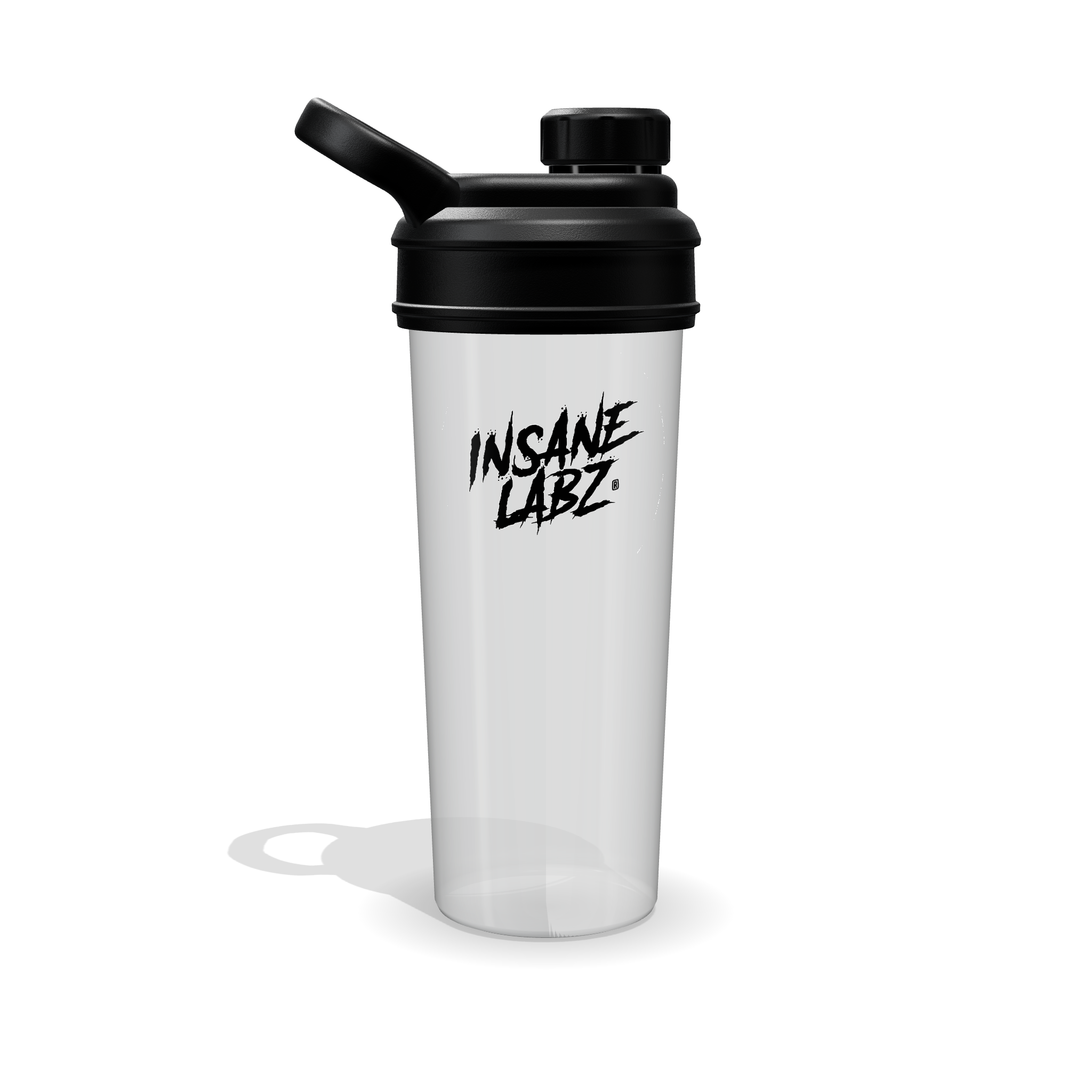 Shaker Insane Labz translúcido de 700 ml con tapa negra y logotipo Insane Labz en negro, vista de frente